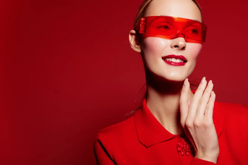 Smiling woman in red outfit and red sunglasses poses against red background. Fashion portrait with bright makeup and confident expression. Concept of style, color, and modern beauty.