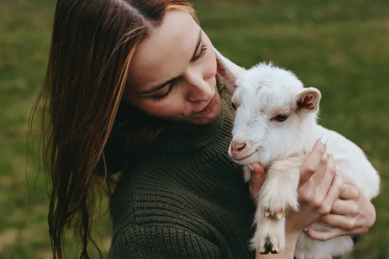 Goat kid held by a thoughtful woman outdoors, tender moment in a sunlit field, soft breeze, warm sweater, rustic mood, natural colors, intimate connection with nature, countryside lifestyle