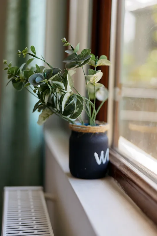 Close-up of a potted plant on a window sill, natural light and soft shadows. Emphasizes home decor, greenery, and mindful self care in a cozy lifestyle scene.