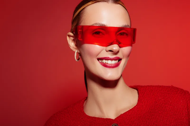 Smiling woman in red sweater and red transparent glasses poses on red background. Bright makeup and earrings complete the stylish modern look with confident expression.