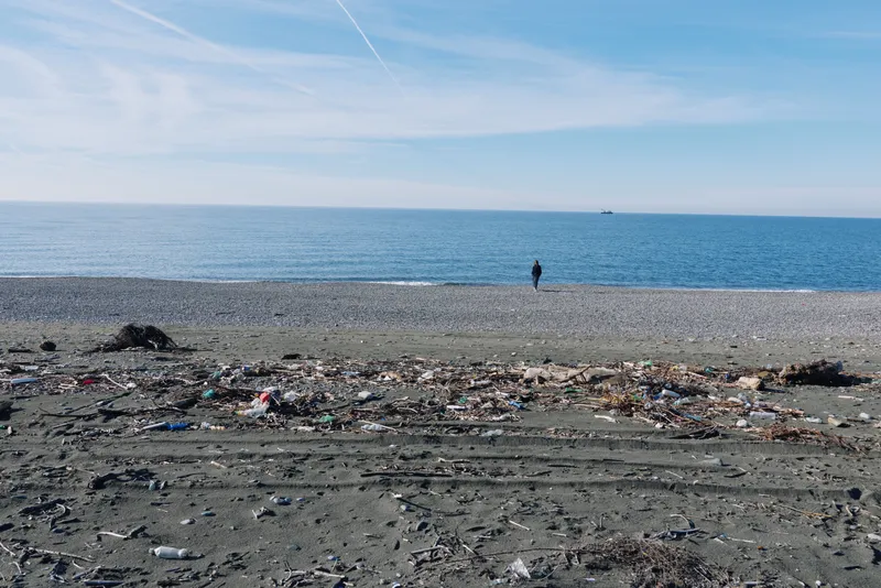 Beach litter on a quiet shoreline with scattered trash, a lone figure walking along the water, clear sky and calm sea, highlighting environmental pollution and need for coastal cleanup.