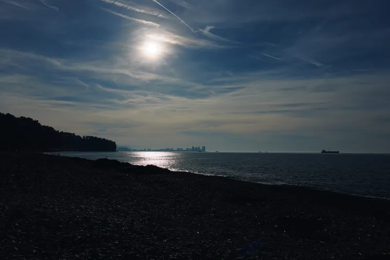 Beach and ocean at sunset with a silhouetted shore, calm water, expansive sky, distant vessel on the horizon during tranquil twilight, soft reflections.