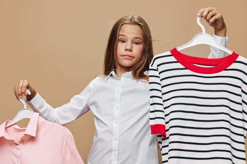 Girl with long hair holding striped and pink shirts on hangers for clothing choice wardrobe selection indoor. Young female person deciding outfit for casual style and fashion.
