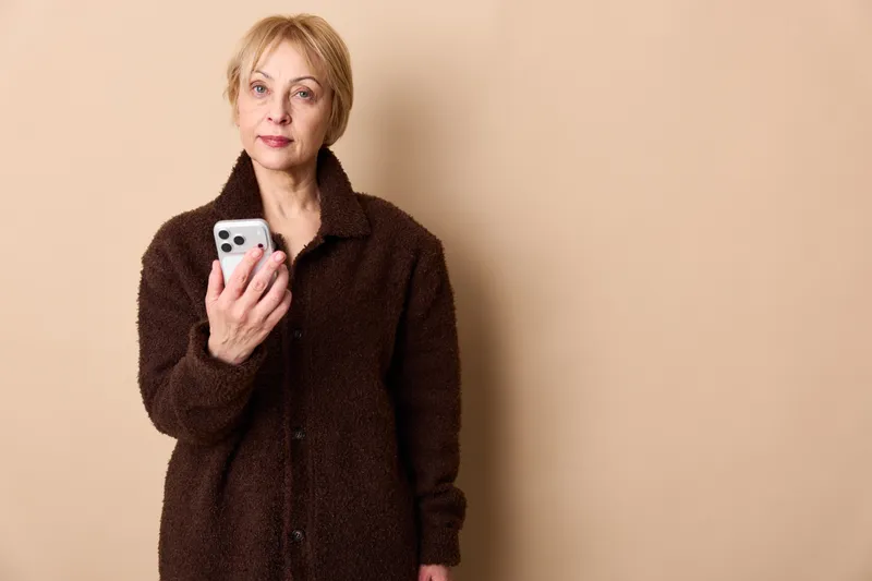 Woman holding smartphone portrait, mature woman in dark coat, beige background, indoors, communication, calm expression, ready for call, copy space