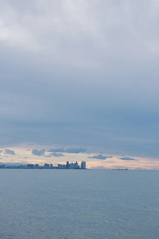 City skyline on the horizon across calm water under a cloudy sky, distant shoreline and tranquil coastal seascape