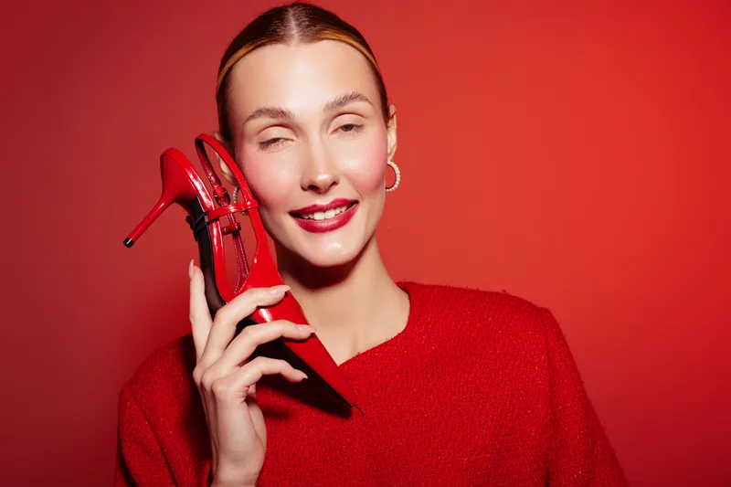Smiling woman in red sweater holds red high heel shoe near face on red background. Fashion concept with bright colors, beauty, and stylish accessories in studio lighting.