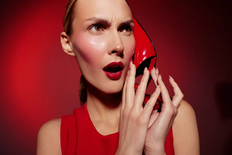 Surprised woman in red dress holds high heel shoe to her ear like a phone, with expressive face and red lipstick on red background. Concept for fashion, creativity, and communication.