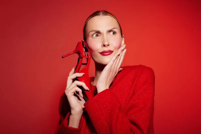 Young woman in red sweater holds red high heel shoe near face, looking thoughtful on red background. Concept for fashion, style, and creative portrait photography.