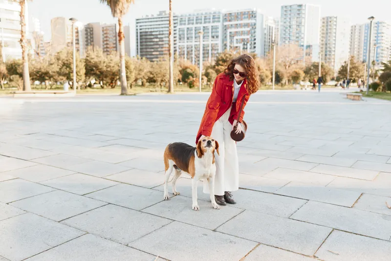 Woman in red coat petting a beagle dog outdoors in an urban park with modern buildings in the background. Sunny day with clear sky and casual fashion style.