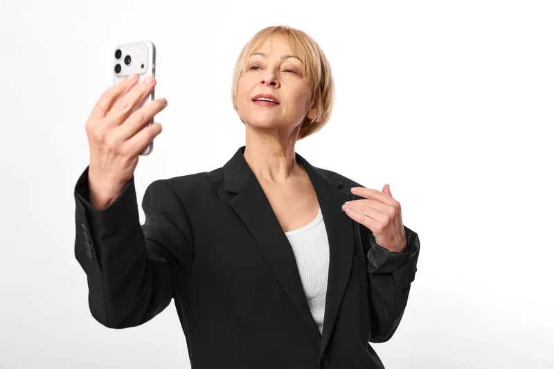Woman holding smartphone selfie portrait blazer black on white studio background, relaxed pose with hand gesture, smiling older lady, professional look, soft natural light
