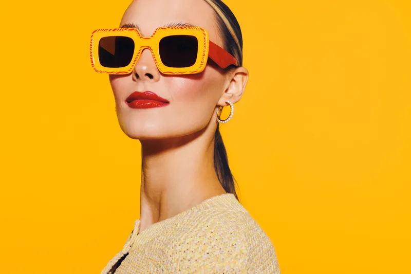 Stylish woman with slicked back hair wears oversized yellow sunglasses and red lipstick against bright yellow background. Fashion concept with confident attitude and modern accessories.