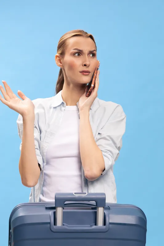 Confused woman in white shirt holds phone to ear and gestures with hand near blue suitcase. Portrait on blue background. Concept of travel issues, communication, and uncertainty.