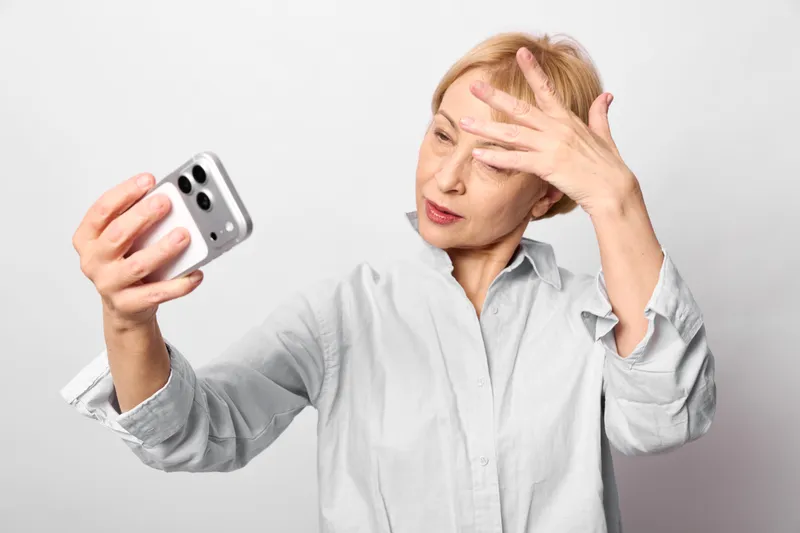 Woman holding smartphone, grimacing with hand on forehead, headache and stress, upset mood indoors, studio light on white background, concept of pain, and health care