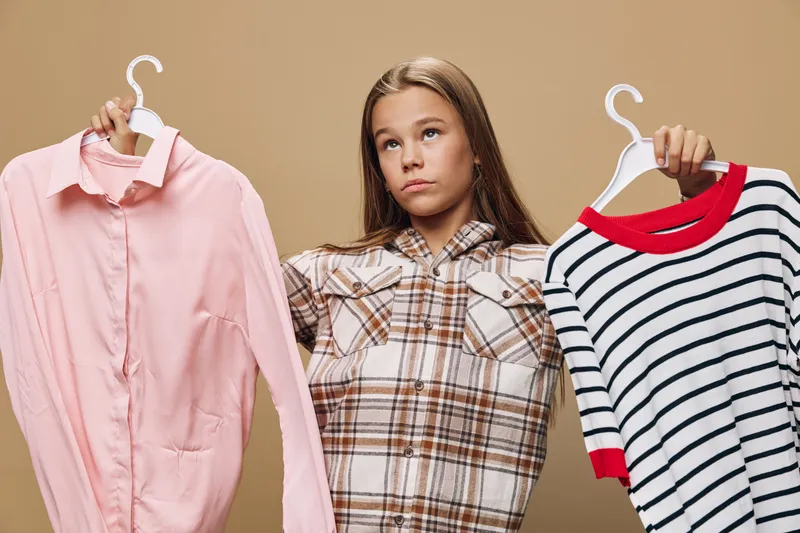 Teenage girl holding two shirts on hangers choosing outfit for day casual style clothing fashion concept decision maker with doubt and expression on face.
