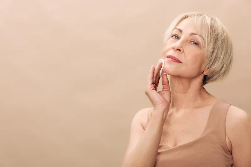 Mature woman with short blonde hair gently cleanses her face with a cotton pad against beige background. Concept of skincare, natural beauty, self-care, and aging gracefully.