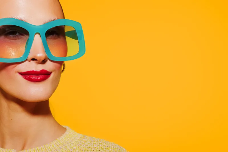 Stylish woman with large turquoise sunglasses and red lipstick poses against bright yellow background. Concept of fashion, summer, beauty, and vibrant colors.