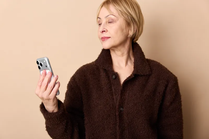 Woman holding smartphone in a relaxed portrait against beige background, mature age, indoors mood, communication and technology, soft studio light, calm expression