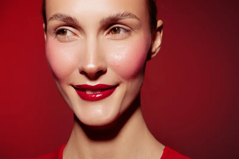 Close-up of a smiling woman with glossy red lips and smooth skin on a red background. Concept of beauty, makeup, skincare, and confident female portrait in studio lighting.