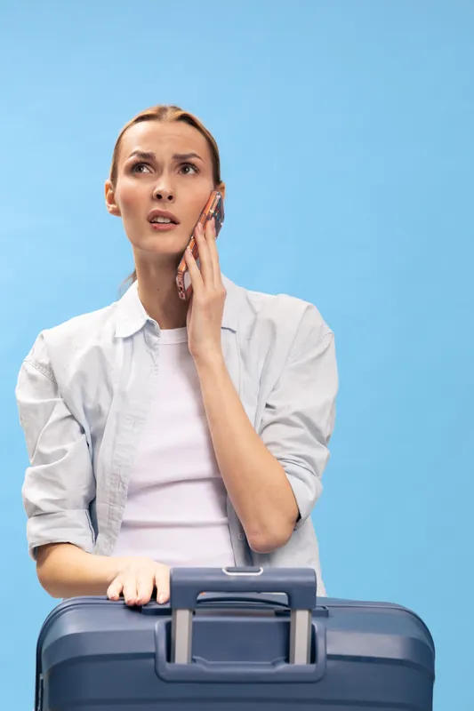 Concerned young woman with suitcase holds phone to ear, looking worried against blue background. Concept of travel problems, communication, and unexpected situations during trip.