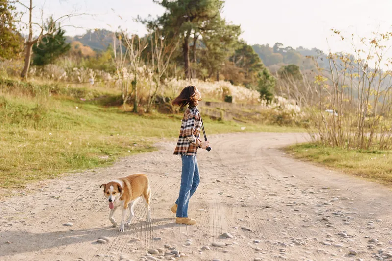 Woman walking a dog along a gravel path in a sunny park, trees in distance, casual outdoor activity, companionship and nature exploration and fresh air