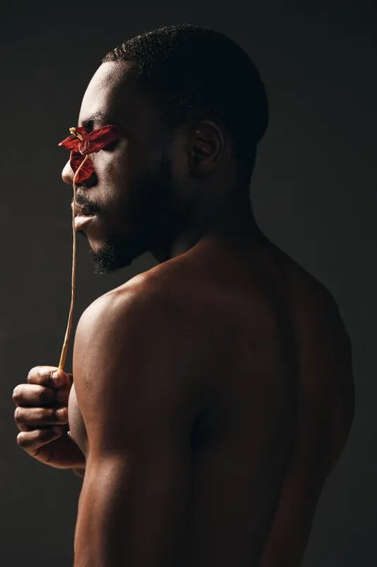 African man with dark skin holding red flower in front of face in creative conceptual visual style. Artistic portrait with bare shoulders and moody lighting for expressive emotion and beauty.