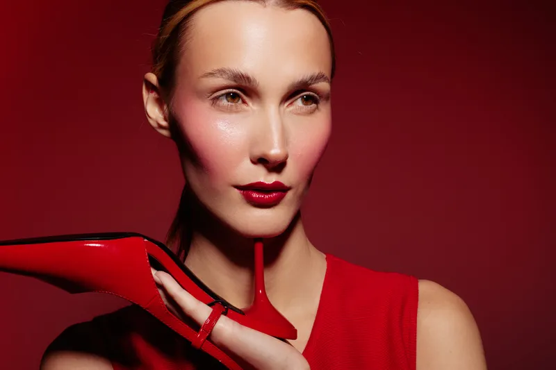 Portrait of a woman with red lipstick holding a red high heel shoe near her face on a red background. Concept of fashion, beauty, and style with vibrant colors.