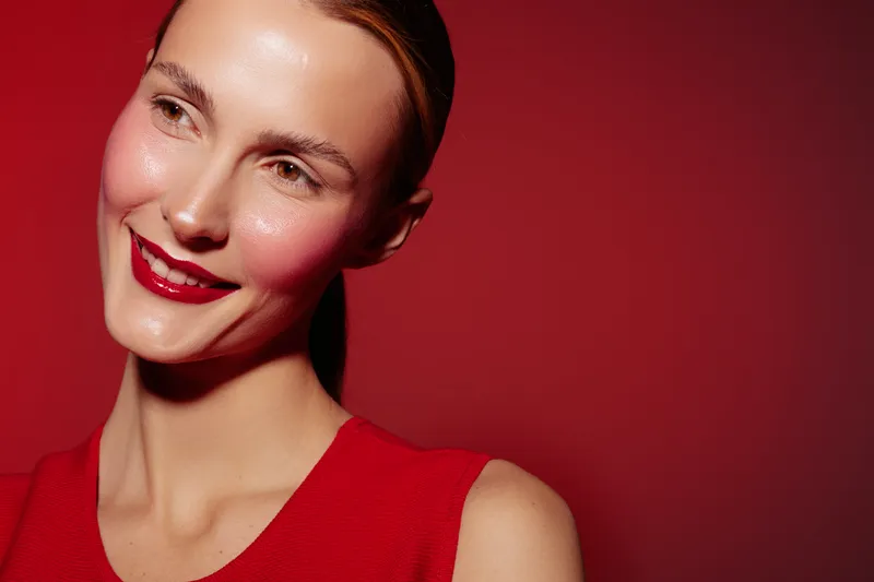 Smiling woman with red lipstick and red dress poses on red background. Close-up portrait with natural skin glow and sleek hair. Concept of beauty, fashion, and confidence.