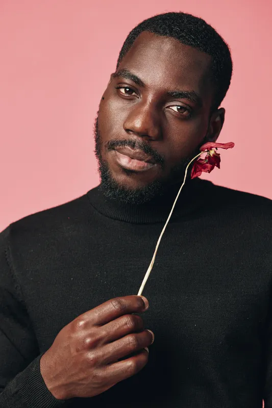 African man with dark skin holding red flower near face in creative conceptual visual style on pink background. Portrait of thoughtful black male with beard wearing black sweater.