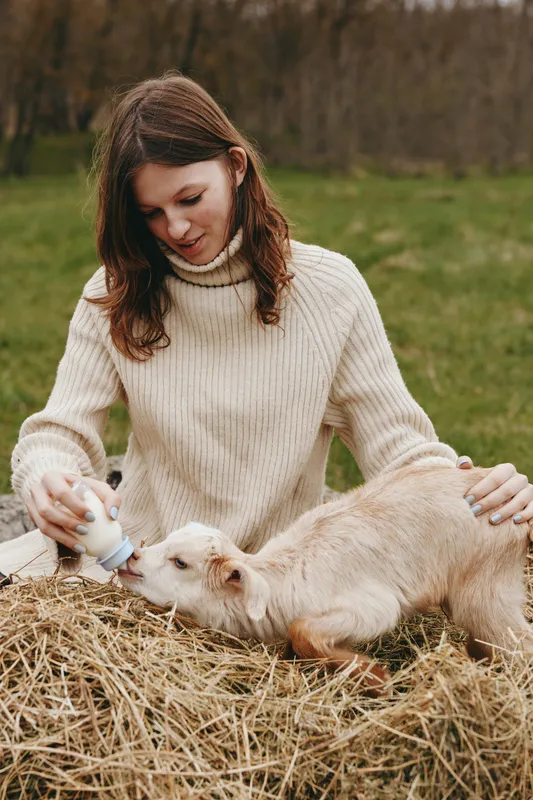 A woman gently feeds a young goat with a bottle in a sunny rural setting, capturing tenderness and daily care. A lifestyle moment highlighting farm life, compassion, and the bond between human and