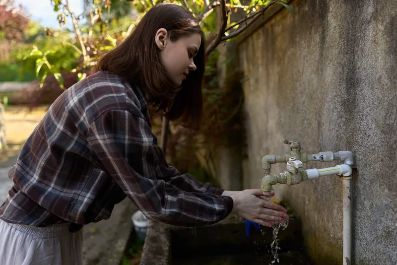A woman washes her hands at an outdoor faucet beside a weathered wall, wearing a plaid shirt. A candid lifestyle moment highlighting everyday hygiene and washing