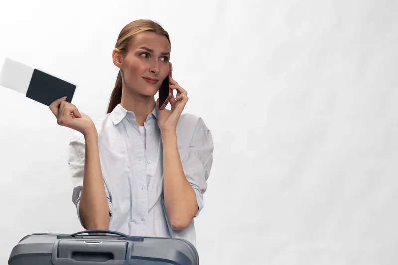Young woman with suitcase holds passport and ticket talking on phone with concerned expression. Travel concept for planning, communication, and trip preparation.