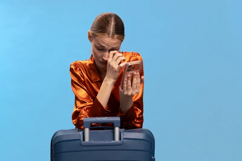 A worried woman in orange blouse holds smartphone and wipes tears while leaning on a suitcase. Blue background emphasizes travel stress, anxiety, and emotional moment.