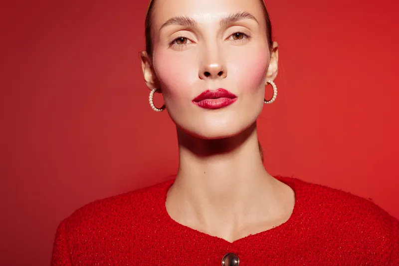 Portrait of confident woman with red lipstick and earrings wearing red sweater against red background. Studio lighting highlights her smooth skin and elegant facial features. Beauty concept.