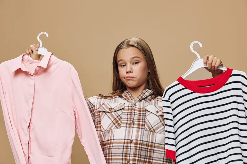 Teenage girl holding two clothes hangers with a pink shirt and striped sweater, choosing outfit with neutral expression on beige background in studio.