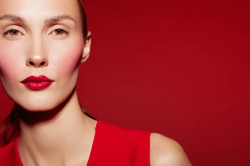 Close-up portrait of a woman with red lipstick and blush on her cheeks wearing a red top against a red background. Concept of beauty, makeup, fashion, and elegance.