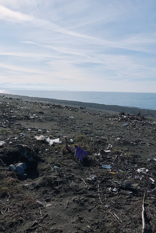 Beach litter and pollution along a rocky coastline with debris scattered on dark sand, plastic fragments and driftwood, a distant calm sea under a clear sky, highlighting environmental concern.