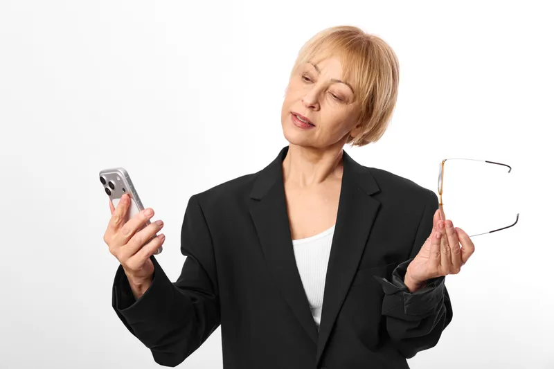 Senior woman in business suit holds smartphone and glasses, looking focused and slightly confused against a clean white background, tech communication concept