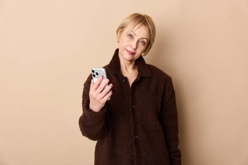 Woman smartphone selfie portrait smiling mature communication lifestyle technology indoor scene, warm beige studio background, soft lighting, relaxed senior woman with brown coat holding phone, calm
