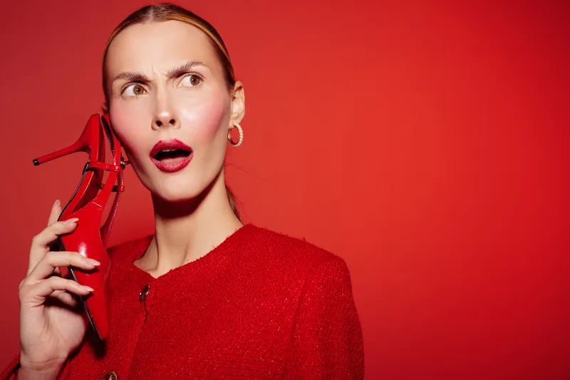 Surprised woman in red jacket holds red high heel shoe near face on red background. Concept of fashion, style, emotions, and creative portrait with vibrant color contrast and expression.