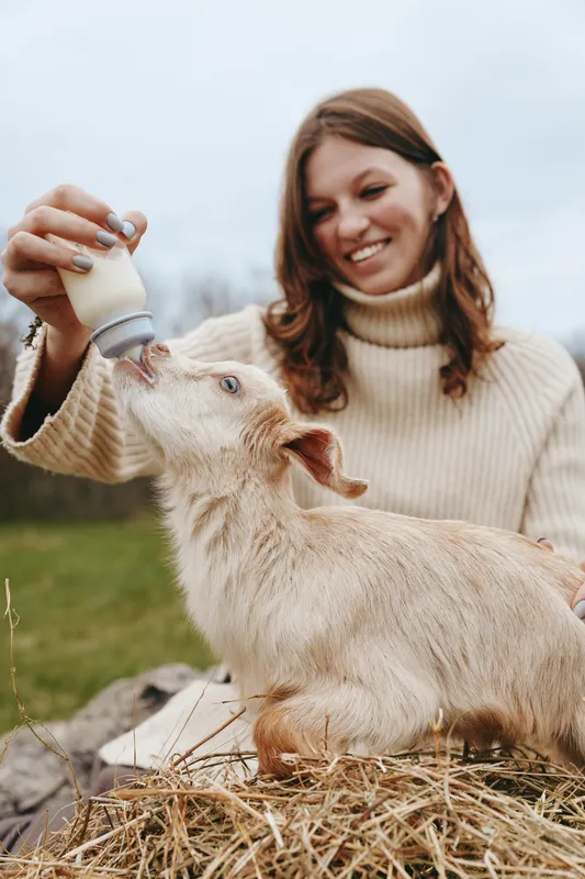 Joyful woman feeds a baby goat with a bottle in an open rural yard, wearing a warm sweater, hay underfoot, peaceful farm mood, candid lifestyle moment