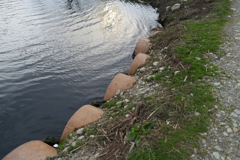 River water flows beside rocky shoreline with grass and stones, nature outdoors stream view, calm ripples and reflections, green vegetation on riverbank, travel lifestyle