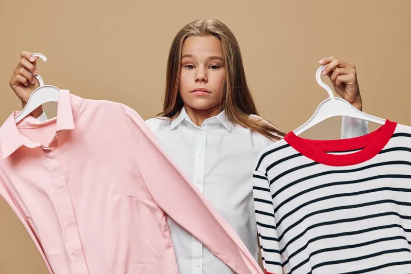 Teenage girl holding pink shirt and striped sweater on hangers, choosing clothes for outfit, fashion decision, casual wear and wardrobe selection indoors.