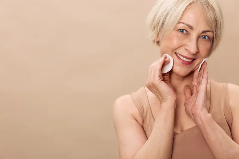 Smiling mature woman with short blonde hair cleansing her face with cotton pads on beige background. Concept of skincare, beauty routine, self-care, and healthy aging.