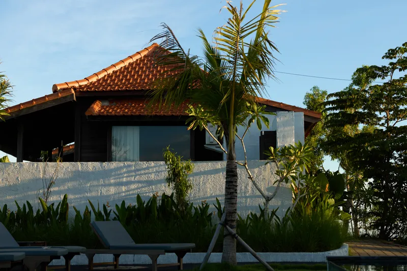 Modern tropical house exterior with wooden walls and red tiled roof surrounded by palm trees and green plants in warm sunlight, relaxing outdoor lounge chairs in foreground