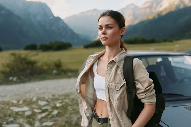 A confident young woman in casual outdoor clothing stands beside a car in a mountainous landscape, enjoying a moment of calm and reflection during her lifestyle adventure.