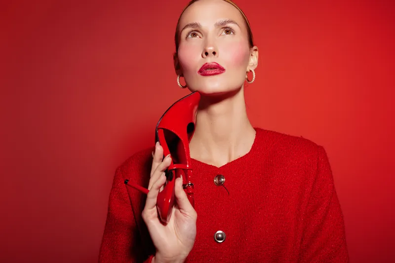 Stylish woman in red jacket holds red high heel shoe near face against red background. Fashion concept with bold makeup and elegant accessories in vibrant studio lighting.