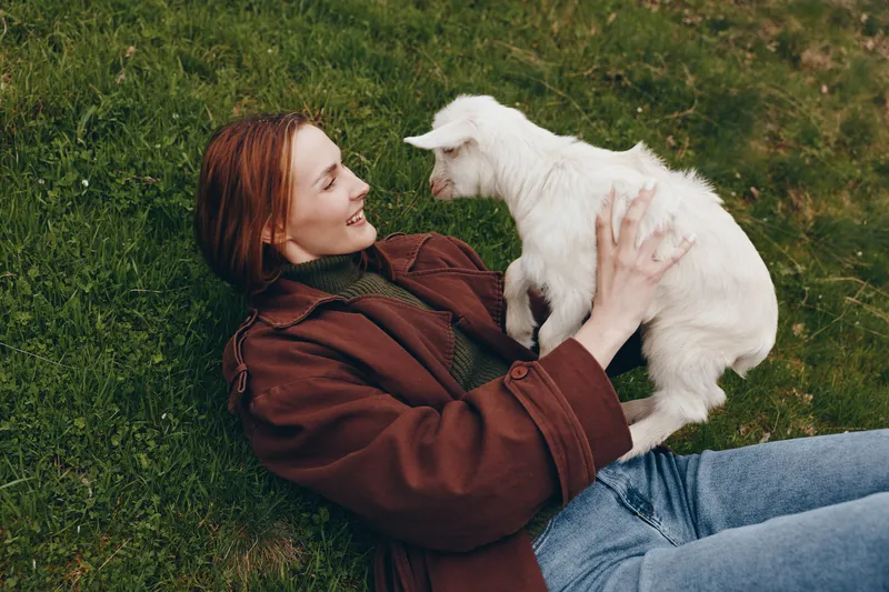 Goat kid with a smiling woman lying on grass in a cozy outdoor scene, warm natural light highlighting gentle affection and playful connection, conveying lifestyle, wellness, and companionship in a