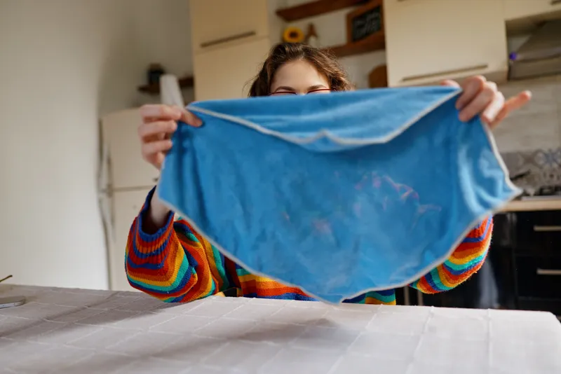 Smiling woman in a colorful sweater holds up a blue fabric in a bright kitchen, capturing a casual home moment and everyday chores with warm, natural light.