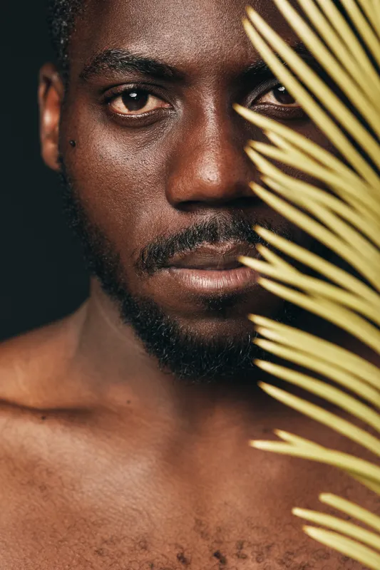 African man portrait with dark skin and beard in creative conceptual visual style holding palm leaf close to face with serious expression on black background.