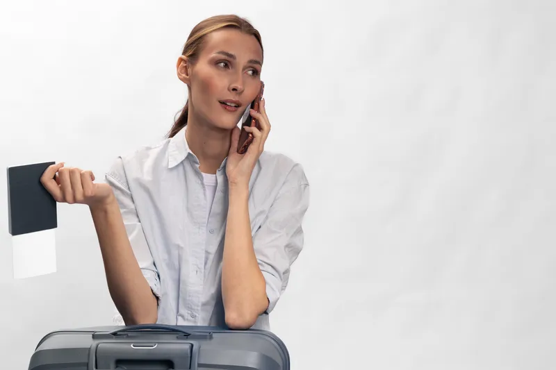 Young woman holding passport and smartphone talks while standing near suitcase on white background. Concept of travel planning, communication, and trip preparation.